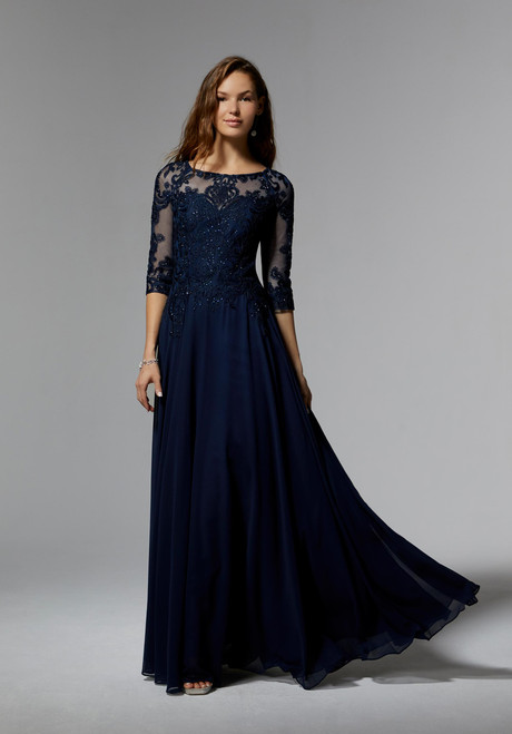 Morilee MGNY 71622 Net Lace Chiffon 3/4 Sleeves Beaded Gown