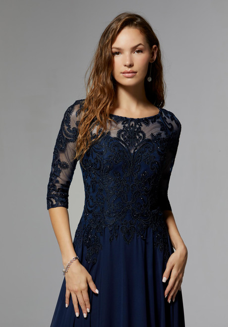 Morilee MGNY 71622 Net Lace Chiffon 3/4 Sleeves Beaded Gown