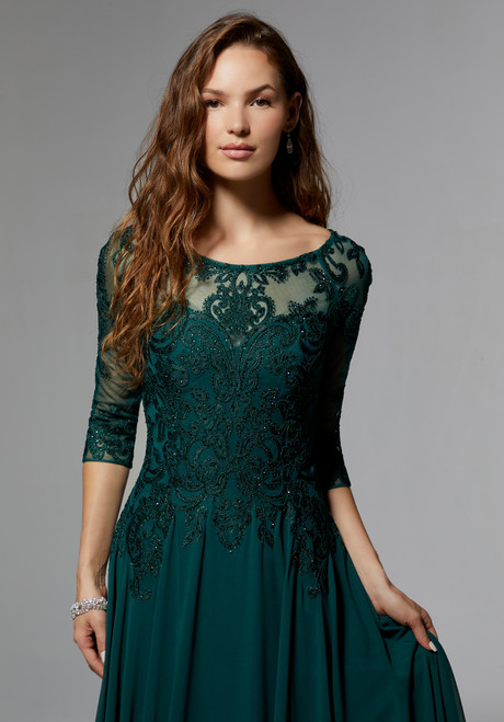 Morilee MGNY 71622 Net Lace Chiffon 3/4 Sleeves Beaded Gown