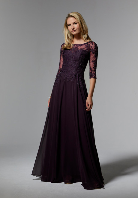 Morilee MGNY 71622 Net Lace Chiffon 3/4 Sleeves Beaded Gown