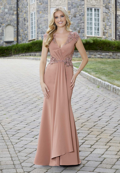 Morilee MGNY 72714 Floral Crepe Cap Sleeves V-neck Gown