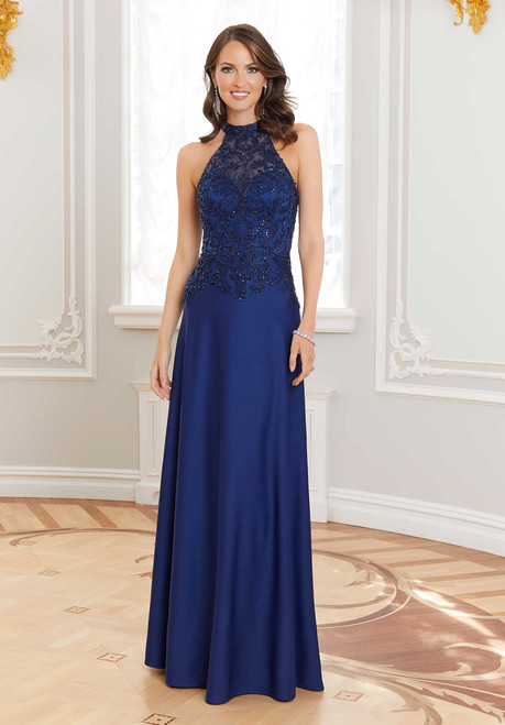 Morilee MGNY 72715 Crepe Embroidered Halter Neck Sheath Gown