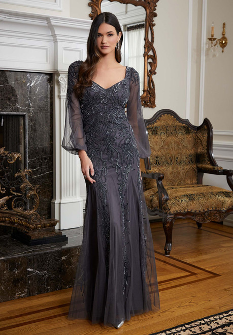 Morilee MGNY 72820 Net Pattern Beaded Bishop Sleeves Gown