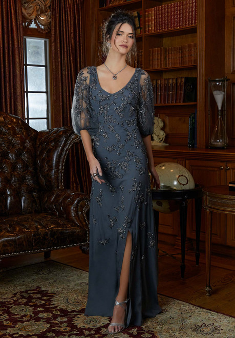 Morilee MGNY 72844 Net Botanical Beaded Pouf Sleeves Gown