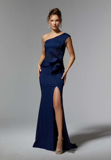 Morilee MGNY 72917 Crepe Embroidered One Shoulder Long Gown