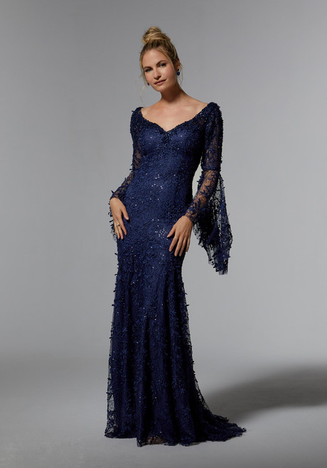 Morilee MGNY 72930 Lace 3D Floral V-neck Bell Sleeves Gown