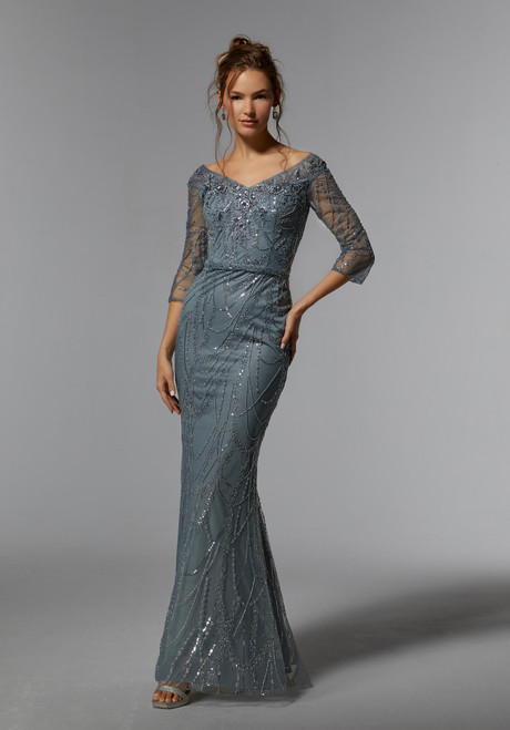 Morilee MGNY 72933 Net Beads Metallic Embroidery V-neck Gown