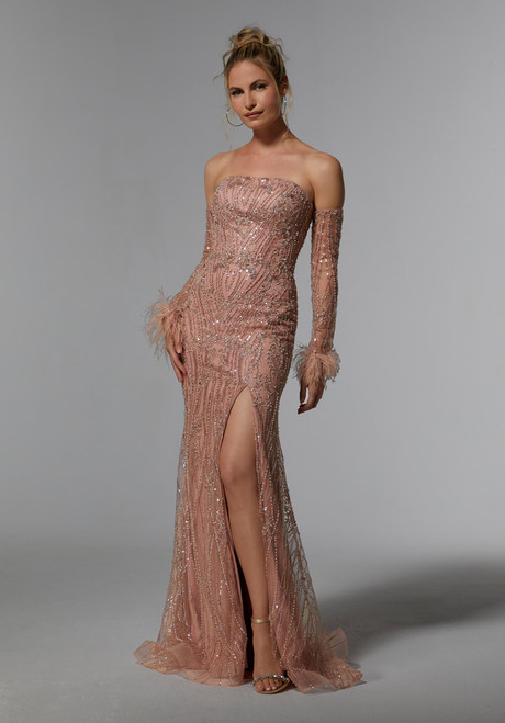 Morilee MGNY 72934 Glitter Net Strapless Long Sleeves Gown