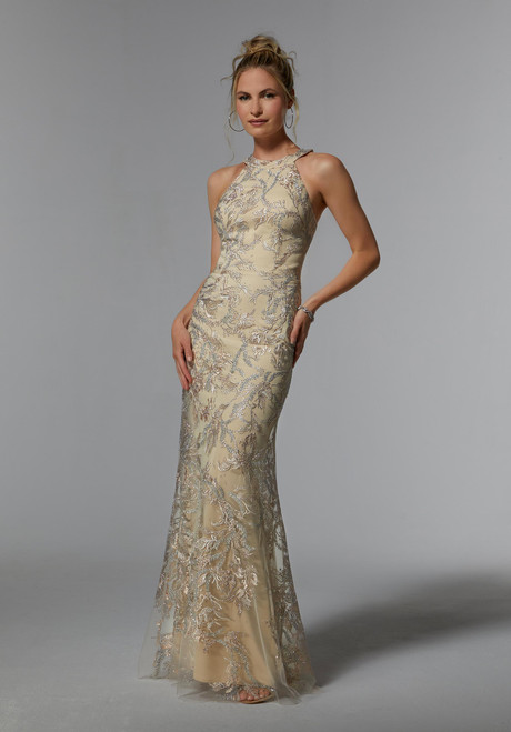 Morilee MGNY 72939 Embroidered Net Halter Neck Sheath Gown