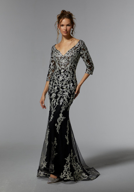 Morilee MGNY 72940 Metallic Lace Elbow Sleeves V-neck Gown