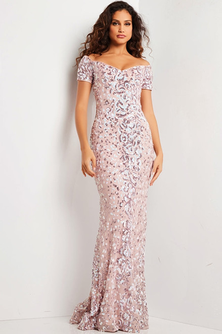 Jovani 07458 Embroidery Off the shoulder V-Neck Train Dress