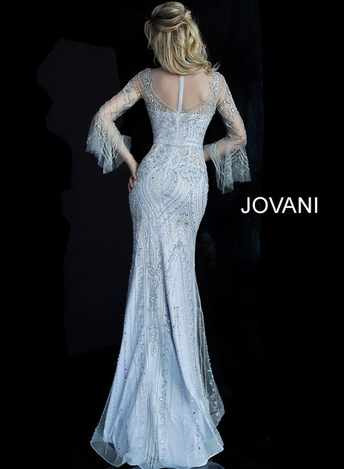 Jovani 60827 Tulle Beaded Crew Necklines Bell Sleeve Dress