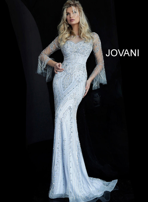 Jovani 60827 Tulle Beaded Crew Necklines Bell Sleeve Dress