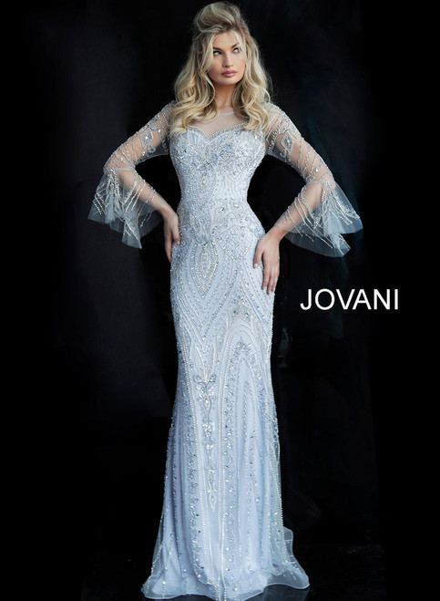 Jovani 60827 Tulle Beaded Crew Necklines Bell Sleeve Dress