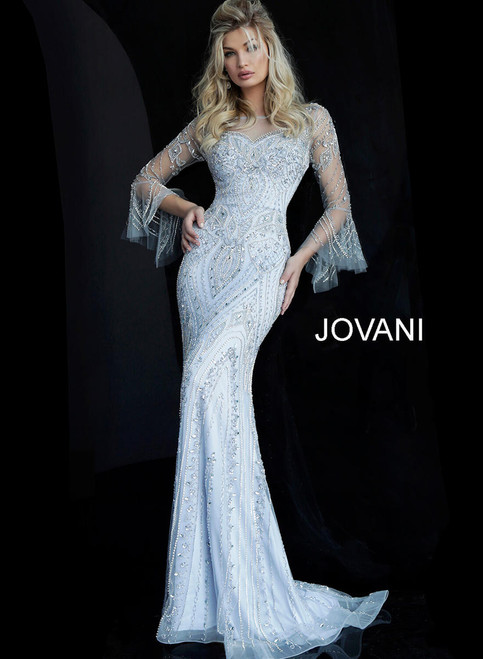 Jovani 60827 Tulle Beaded Crew Necklines Bell Sleeve Dress