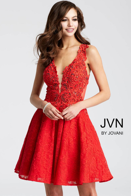 Jovani JVN45264 Embroidery V-Neck Sleeveless Short Dress