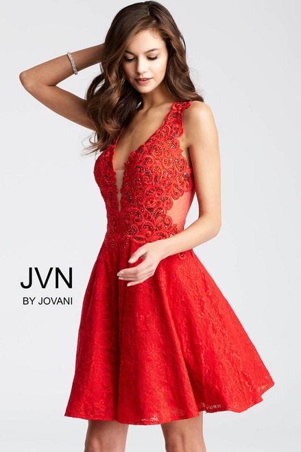 Jovani JVN45264 Embroidery V-Neck Sleeveless Short Dress