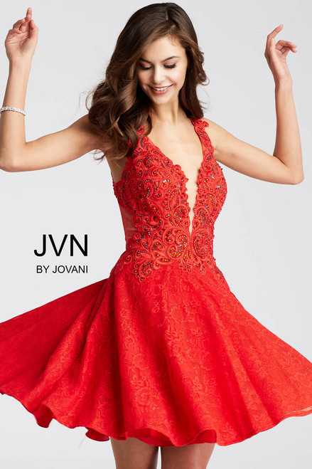 Jovani JVN45264 Embroidery V-Neck Sleeveless Short Dress