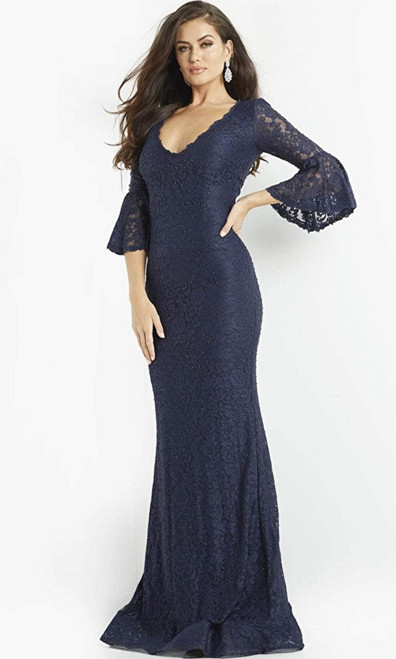 Jovani 06836 Lace Ruffles V-Neck Bell Sleeve Long Dress