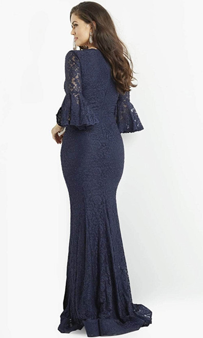 Jovani 06836 Lace Ruffles V-Neck Bell Sleeve Long Dress