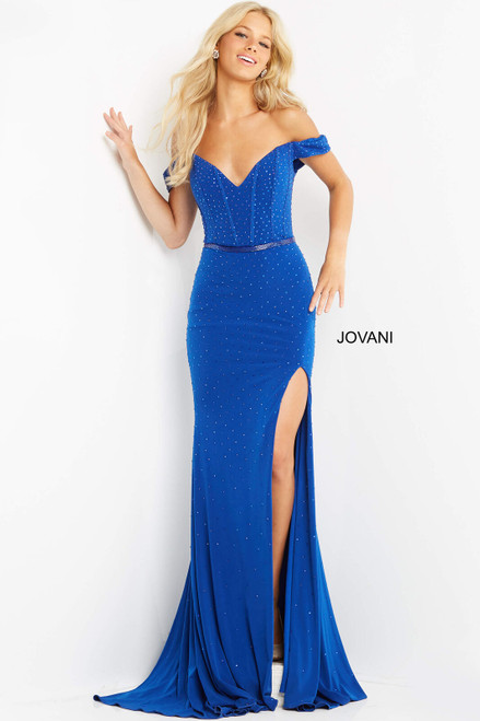 Jovani 06280 Jersey Beaded V-Neck Off the Shoulder Dress