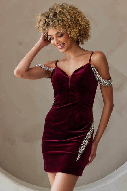 Amelia Couture 6200S Velvet Embellished V-neck Short Dress