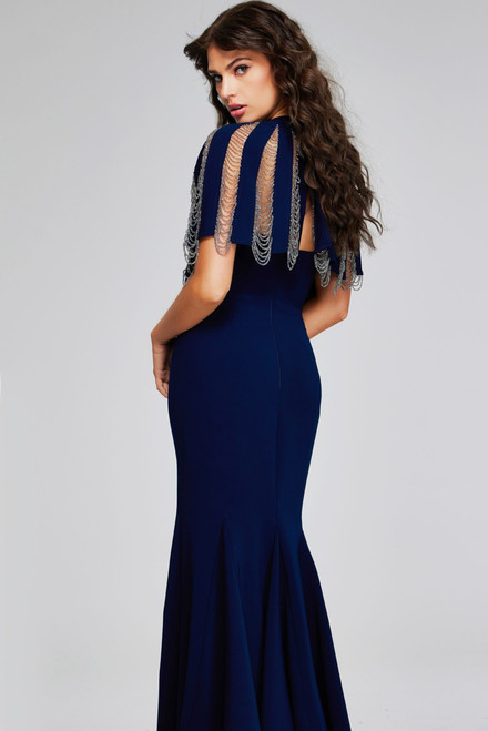 Jovani 37386 Jersey Beaded Short Sleeves High Slit Gown