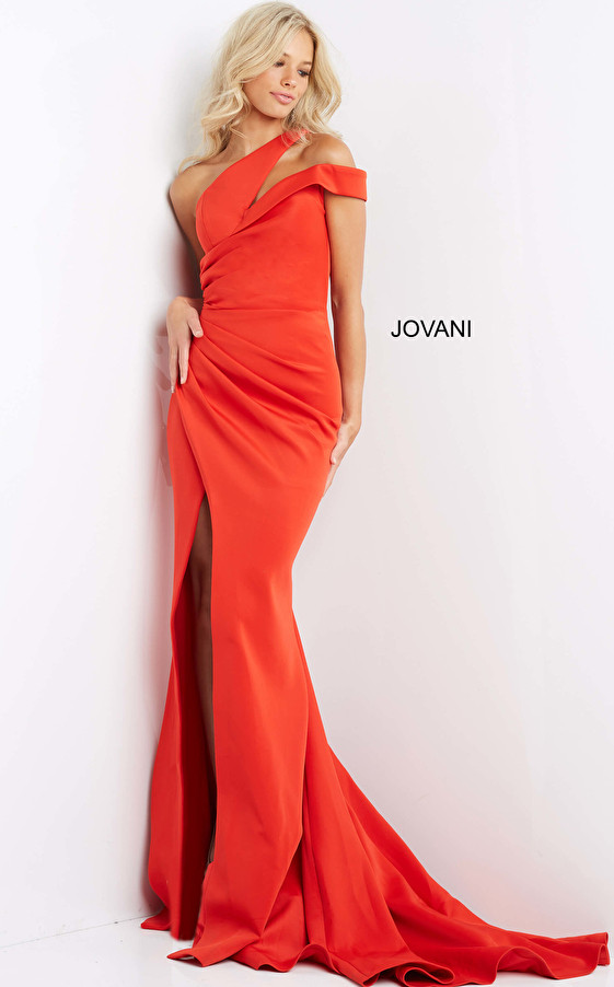 Jovani 04222 Scuba One Shoulder Ruched Keyhole Dress
