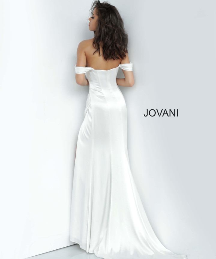 Jovani 68087 Satin Off the Shoulder High Slit Evening Dress