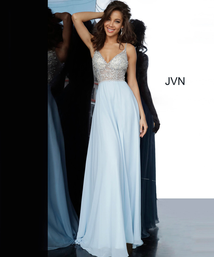 JVN by Jovani JVN4410 Jeweled Illusion Bodice Chiffon Gown