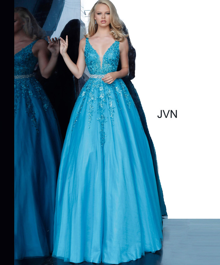 JVN by Jovani JVN00925 Embroidered Deep V-Neck Ballgown
