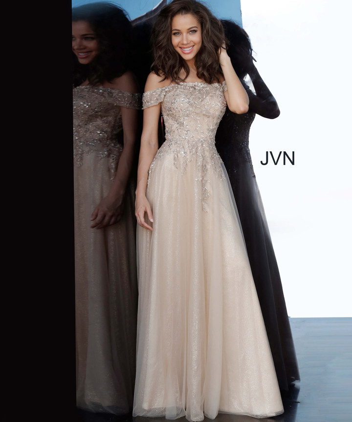 JVN by Jovani JVN2004 Lace Off-Shoulder Fitted Long Dress