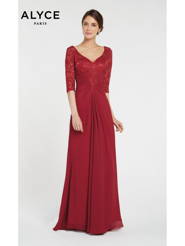 Alyce Paris 27234 Lace Iridescent Silk Chif V-Neck Dress