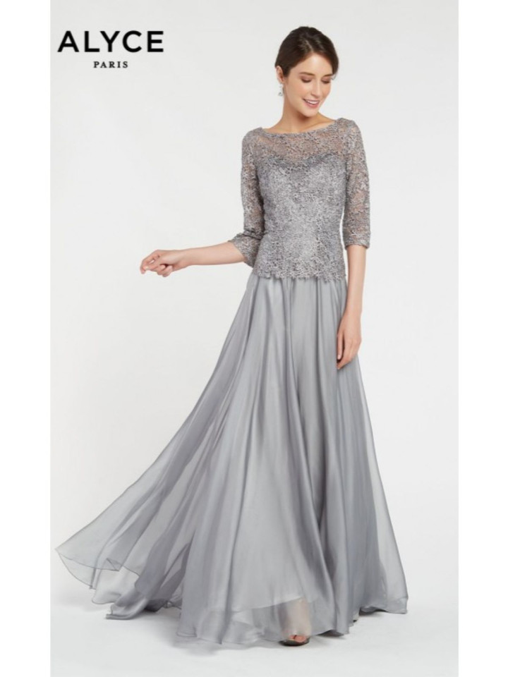 Alyce Paris 27251 Iridescent Chiffon Lace Bateau Neck Dress