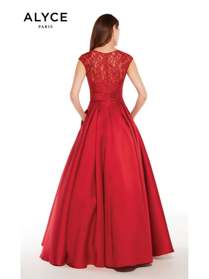 Alyce Paris 27278 Mikado Lace Bodice V-Neck Cap Sleeve Dress