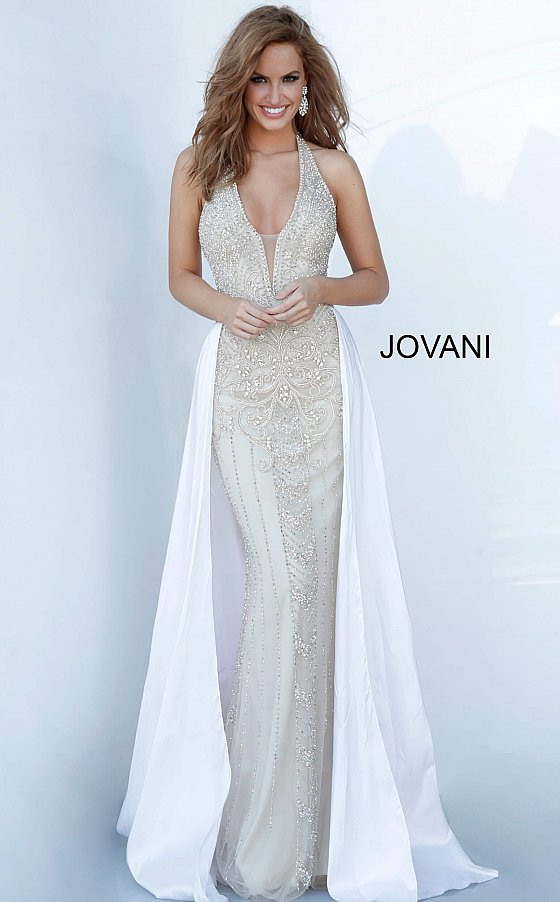 Jovani 3698 Polyester Embellished Halter Neck Long Dress