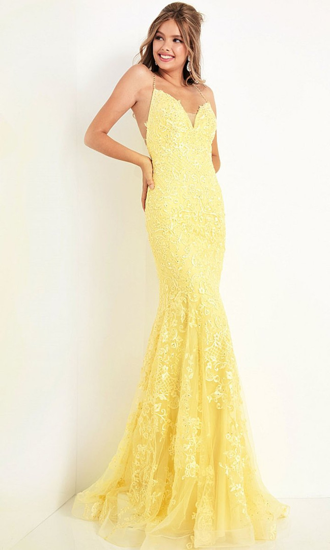 JVN by Jovani JVN02258 Embroidered V Neck Trumpet Gown