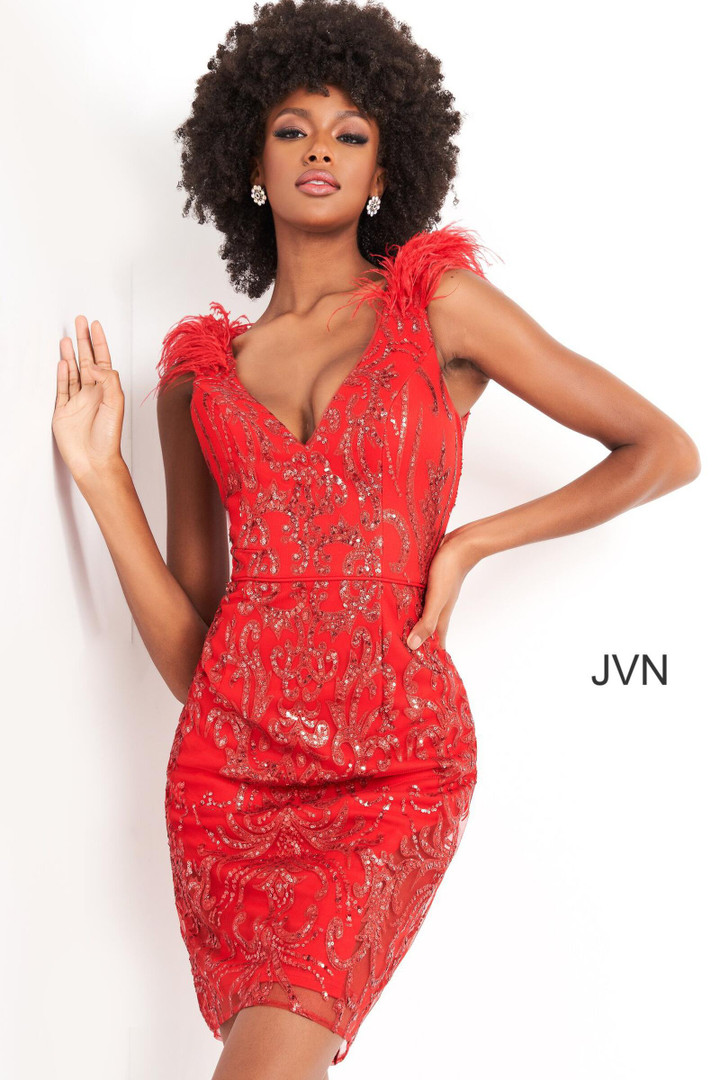 JVN by Jovani JVN04760 Sequin Feather Cap Cocktail Dress