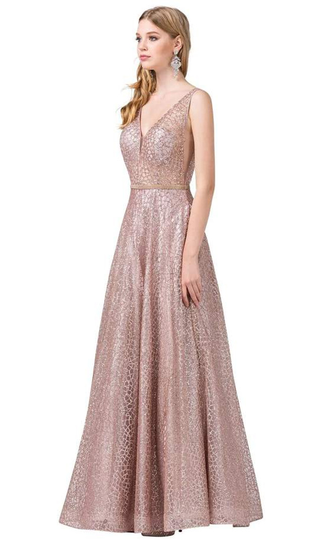 Dancing Queen 2593 Illusion Plunging V Neck Glitter Dress