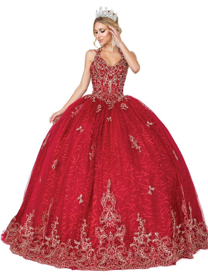 Dancing Queen 1609 V Neck Beaded Appliqued Strappy Ballgown