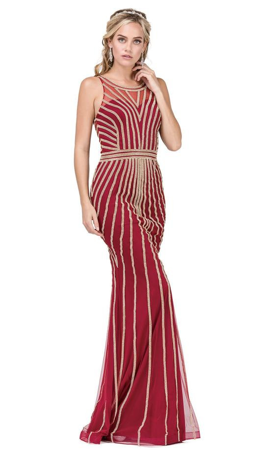 Dancing Queen 2448 Sleeveless Metallic Bead Striped Gown