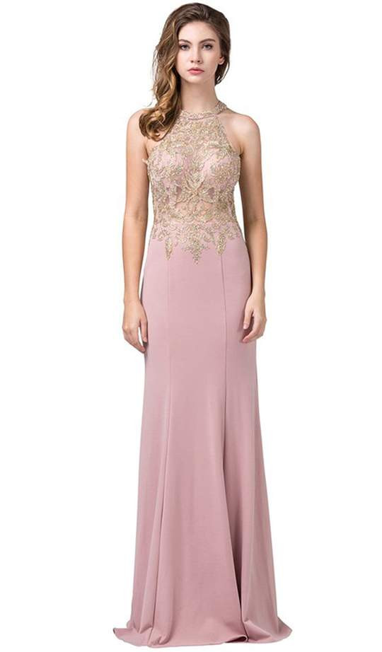 Dancing Queen 2555 Sleeveless Embroidered Halter Long Gown