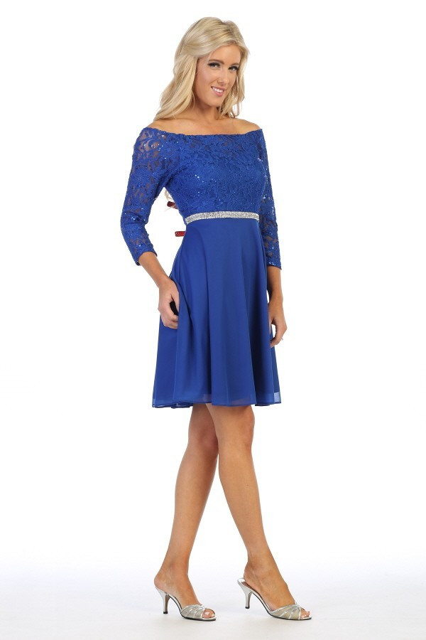 Celavie 6386-S Off Shoulder 3/4 Length Sleeves Short Dress
