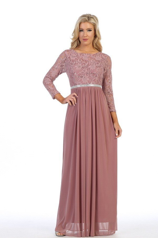 Celavie 6305-L Three-Quarter Sleeve Laced A-line Long Dress