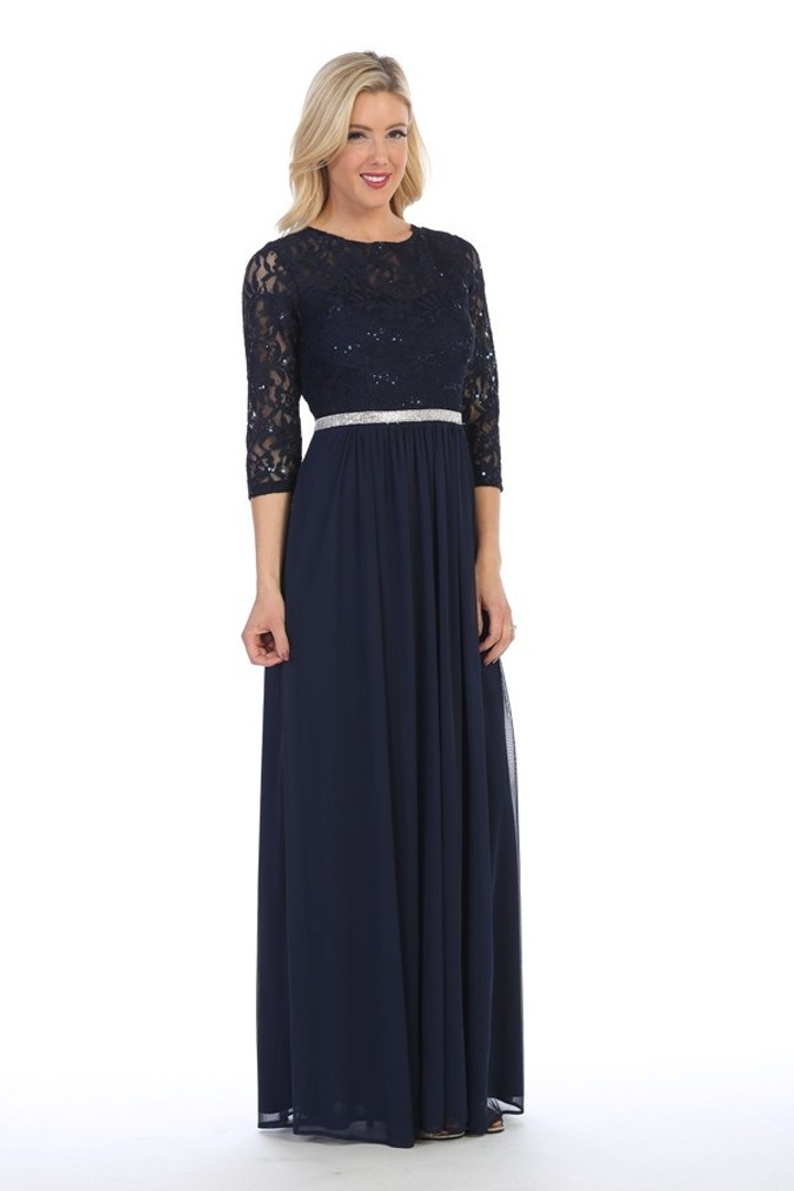 Celavie 6305-L Three-Quarter Sleeve Laced A-line Long Dress Celavie 6305-L Three-Quarter Sleeve Laced A-line Long Dress