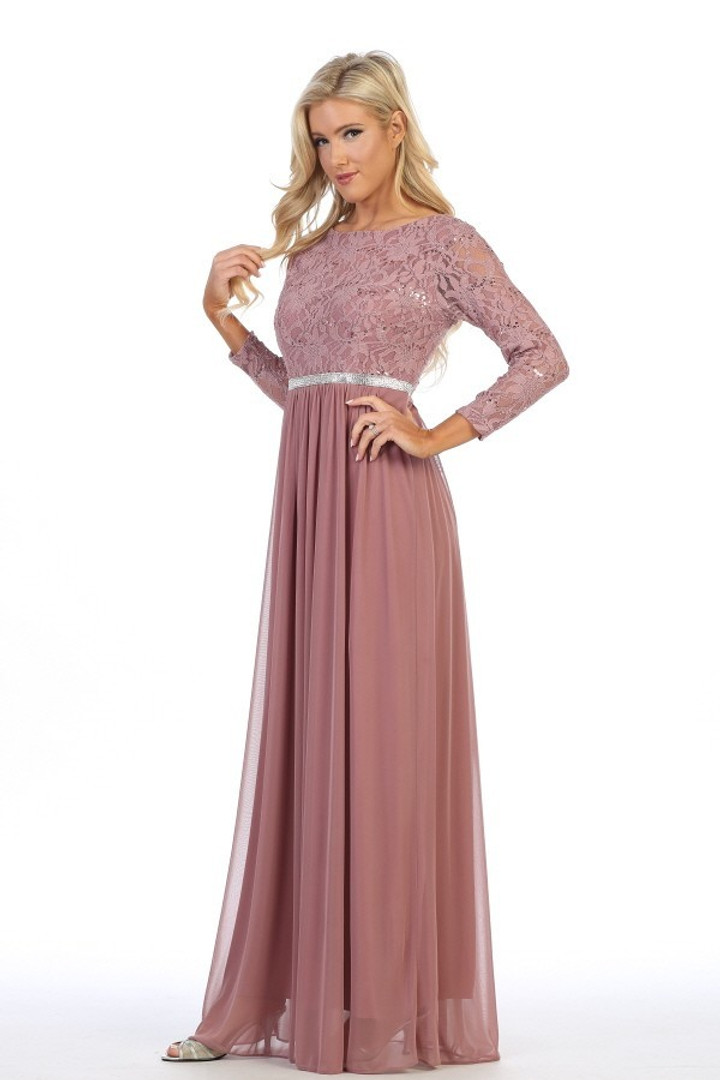 Celavie 6305-L Three-Quarter Sleeve Laced A-line Long Dress Celavie 6305-L Three-Quarter Sleeve Laced A-line Long Dress