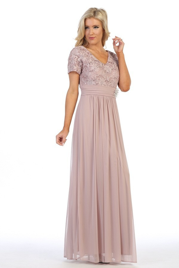 Celavie 6320-L V-neck Lace Bodice Short Sleeves Long Dress