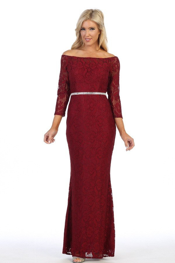Celavie 6343-L Long Sleeves Lace Off Shoulder Long Dress