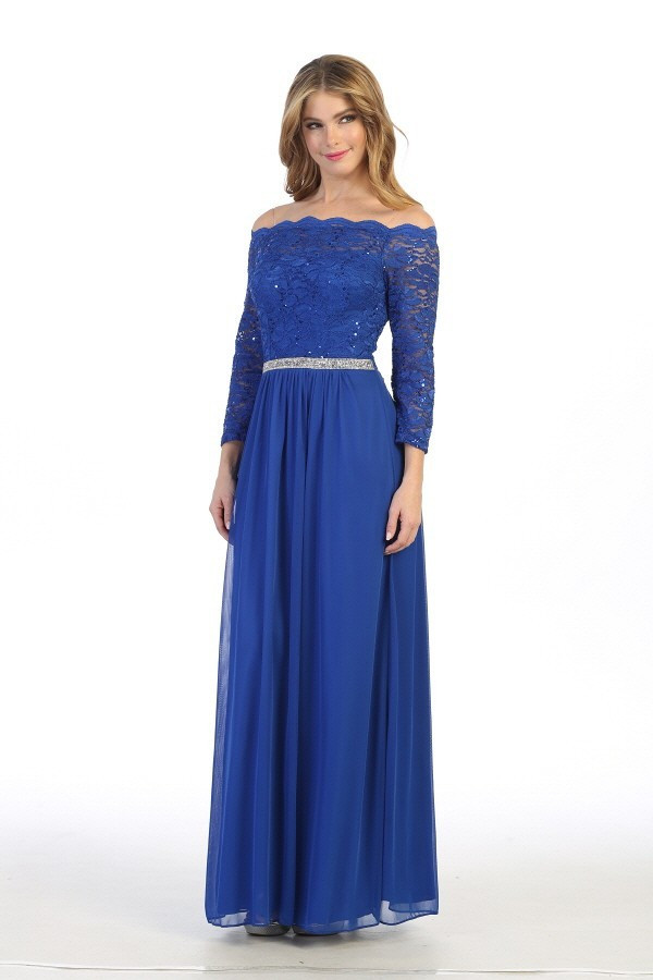 Celavie 6468 Solid Lining Long Sleeve Laced Long Dress