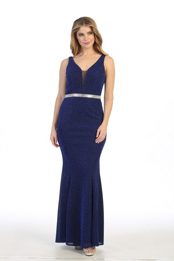 Celavie 6483 Short Sleeveless Metallic V-neck Long Dress